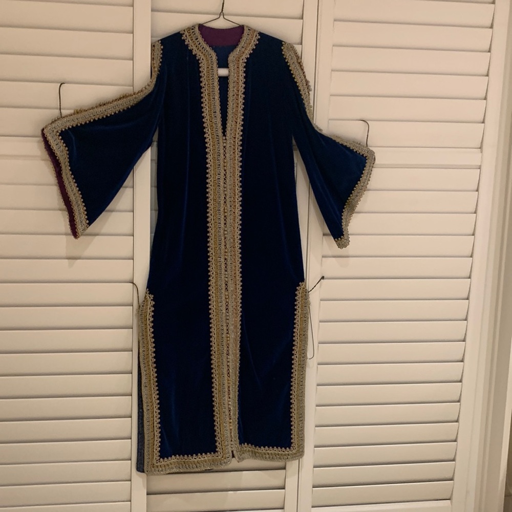 Hand made and sewn Moroccan kaftan in royal blue velours with gold trimmings.